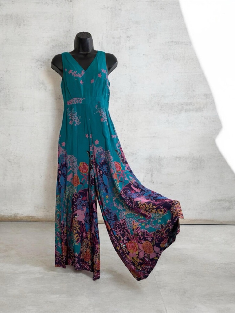 Maeve Teal Floral Border Print Wide-Leg Jumpsuit